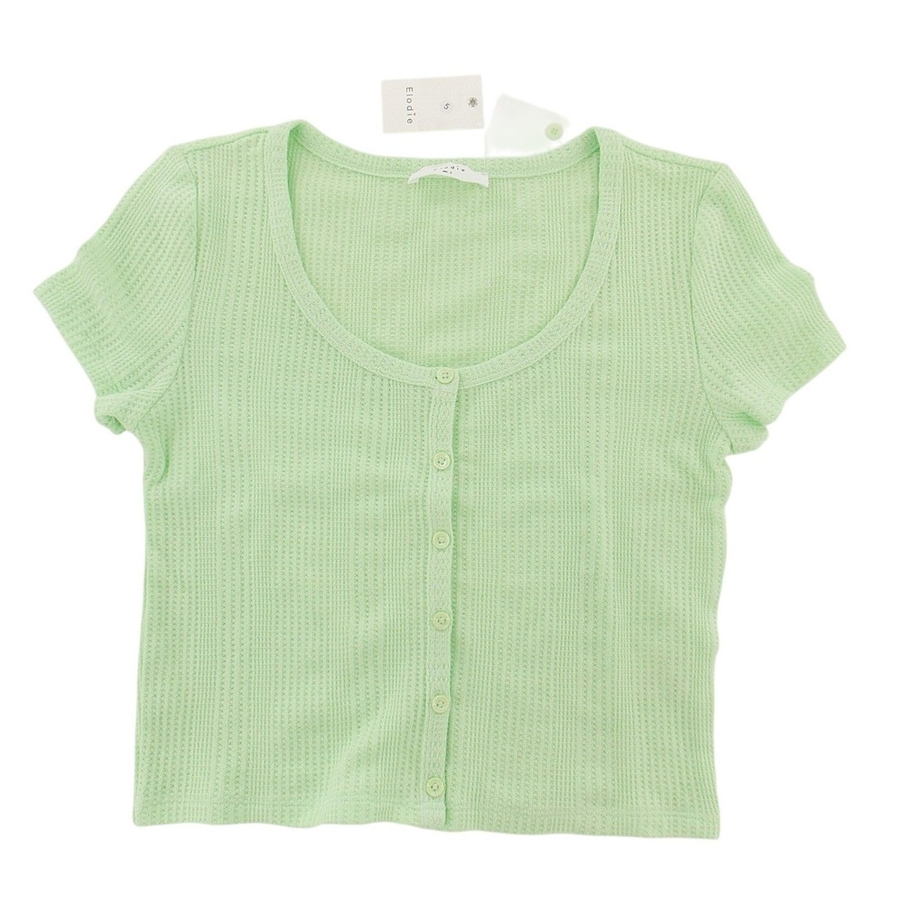 Elodie Cardigan Crop Top Waffle Knit Button Front Women Size L Mint Green